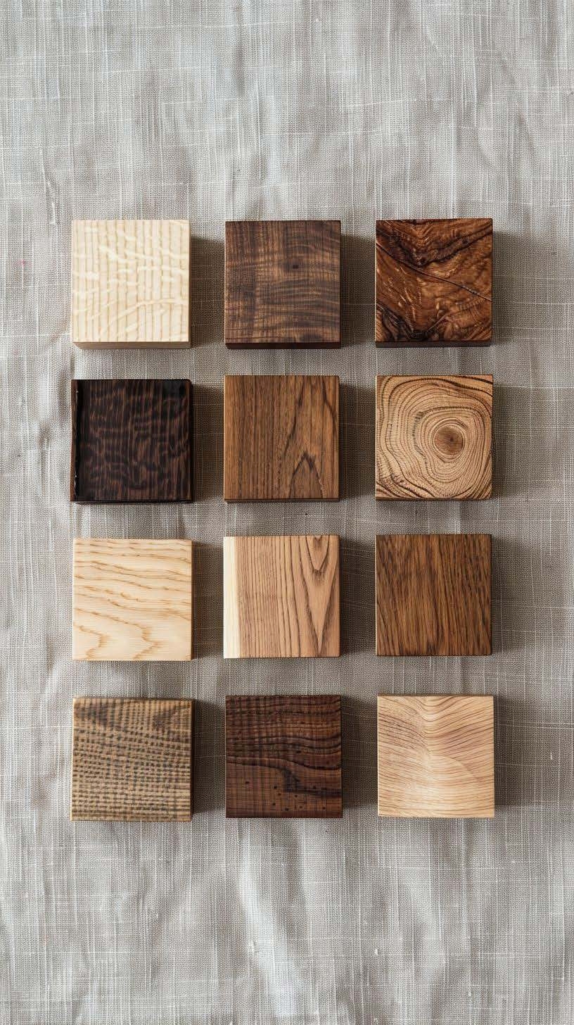 Échantillons de bois — diversité des essences travaillées par Manufactura, menuiserie parisienne