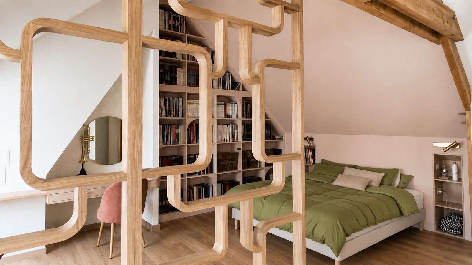 Claustra chêne avec miroir intégré ouvrant sur la chambre, agencement sur mesure